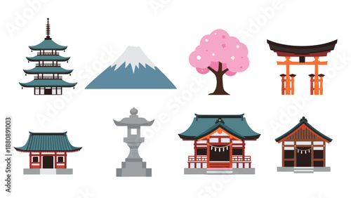 Traditional japanese landmarks and symbols in flat design