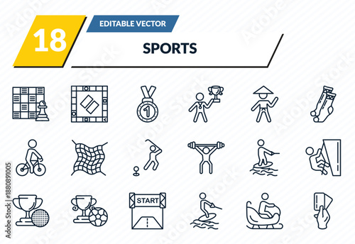 sports icons set - game board, board gaming, medal with number 1, person riding on sleigh, amonestation outline vector collection.