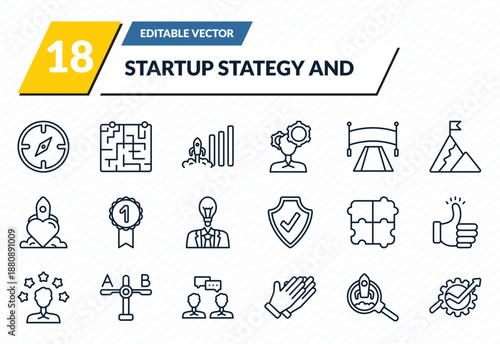 startup stategy and icons set - exploration, strategy in a labyrinth, increase, startup project search, grow outline vector collection.