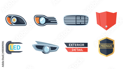 Modern car parts and accessories icons featuring headlights and grilles