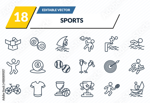 sports icons set - mawashi, ball pool, windsurf sea, man playing badminton, fishing man outline vector collection.