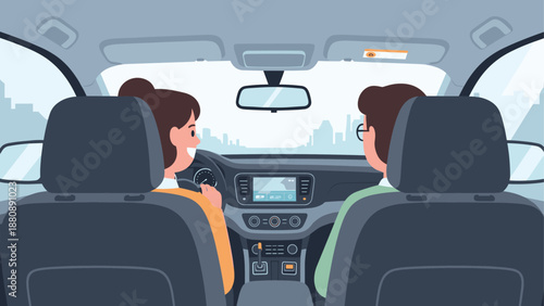 Couple enjoying a city car ride in modern vehicle interior