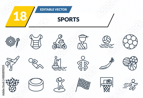 sports icons set - dartboard with dart, chest guard, motorbike riding, basketball basket, man sprinting outline vector collection.