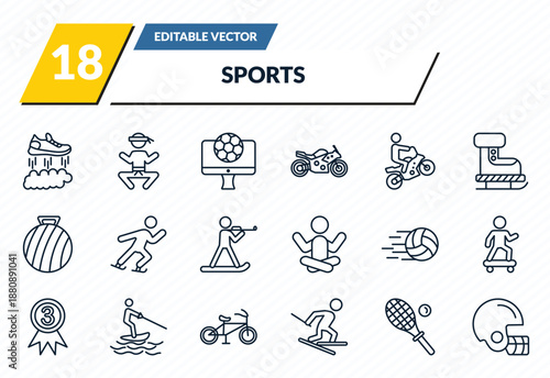 sports icons set - flying shoes, wushu, football channel, squash, baseball helmet outline vector collection.