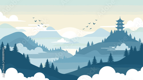 Serene mountain landscape with pagoda and birds in minimalist flat design