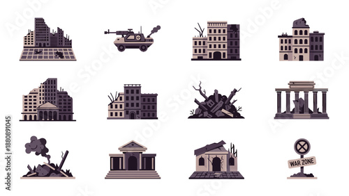 Twelve war-torn city buildings icons in flat design