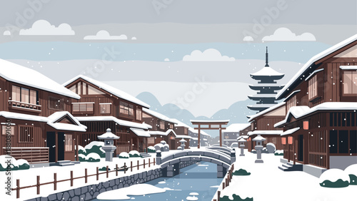 Tranquil snowy japanese town scene with pagoda and traditional wooden houses