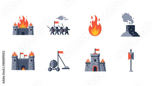 Medieval castle and warfare icons set featuring burning castles, warriors, and siege equipment