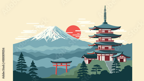 Tranquil landscape with mount fuji and traditional pagoda at sunrise