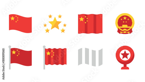 Chinese flags and symbols: icons and emblems in modern flat design