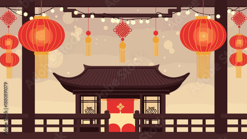 Festive lanterns hanging in traditional asian pavilion during celebration