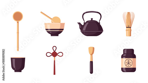 Traditional japanese tea ceremony: elegant utensils and tools collection