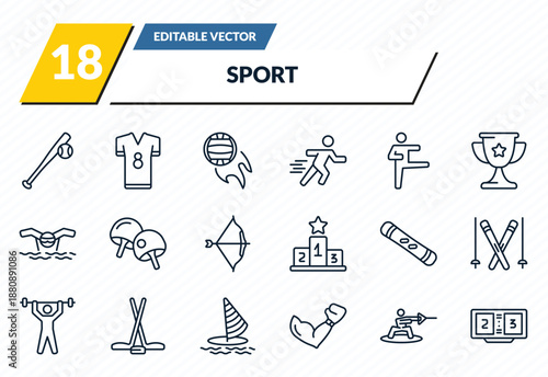 sport icons set - baseball, football jersey, volleyball, wakeboarding, scoreboard outline vector collection.
