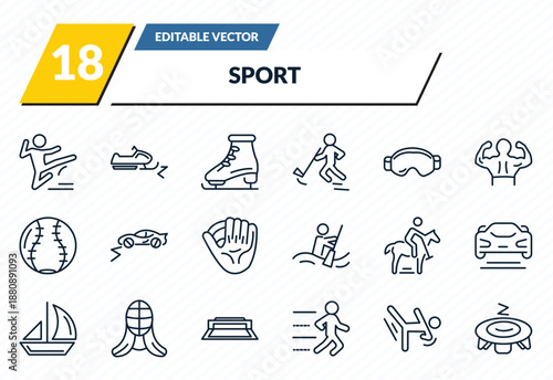 sport icons set - kung fu, snowmobile sport, figure skating, aikido, trampolining outline vector collection.