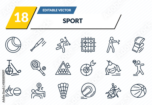 sport icons set - tennis ball, baseball bat, baton twirling, horseball, handball outline vector collection.