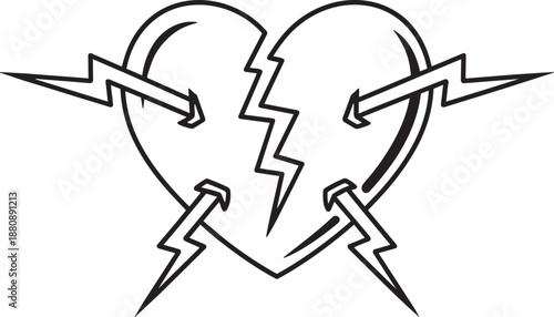 Black and white graphic illustration of a broken heart pierced by multiple lightning bolts Vector