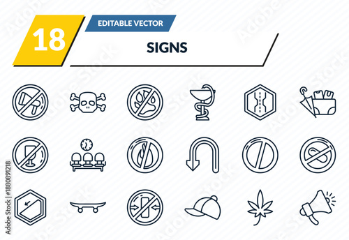 signs icons set - no shouting, death, no pets, marijuana, shout outline vector collection.