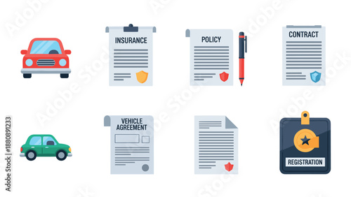 Flat icons of car, insurance documents, and registration elements for auto industry