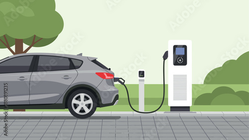 Electric car charging station in urban park setting