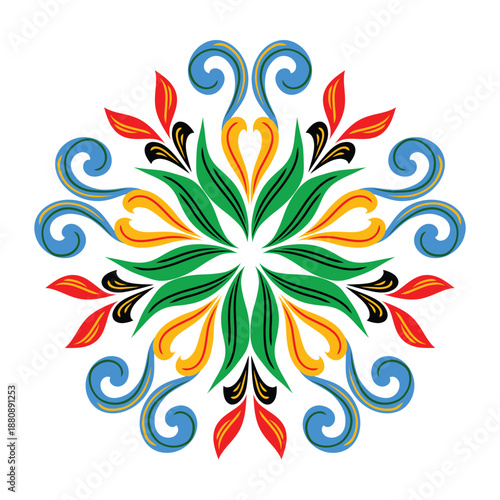 Vibrant circular floral mandala in traditional folk art style. Colorful symmetrical ornament isolated on white for festivals, decoration, and cultural design. Colorful Floral Mandala Ornament .