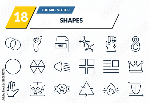 shapes icons set - circles, human foot prints, net contents, fire over line, parabola outline vector collection.
