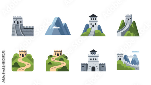 Flat design landmarks and mountains with great wall and fortress variations