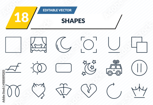 shapes icons set - dot square, spa room, clear night, rotate circle, reign outline vector collection.