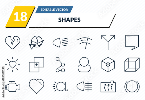 shapes icons set - broken heart, moon and broom, high beam, engine coolant, brake system warning outline vector collection.