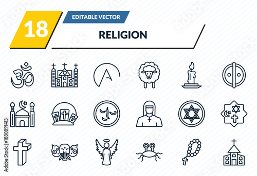 religion icons set - hinduism, monastery, atheism, rosary, christianity outline vector collection.
