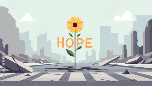 Resilient sunflower growing through cracked urban street amidst ruined cityscape