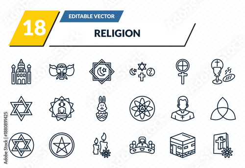religion icons set - jewish, ganesha, rub el hizb, islam, christian outline vector collection.