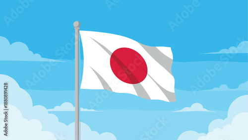 Japanese flag waving against blue sky with clouds