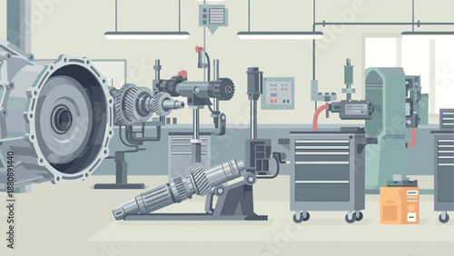 Modern industrial workshop with machinery and equipment in a factory setting