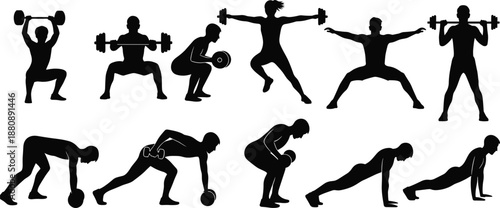 Silhouette Illustration of Strength Training Exercises Including Dumbbells, Barbells, and Bodyweight Movements for Fitness Vector Design