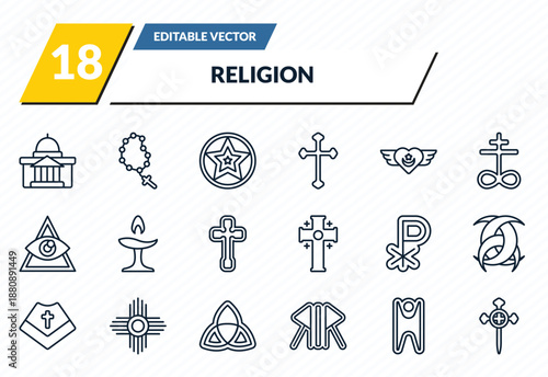 religion icons set - vatican, bead, occultism, humanism, aaronic order church outline vector collection.