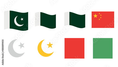 Waving flags of pakistan and china with icon variations
