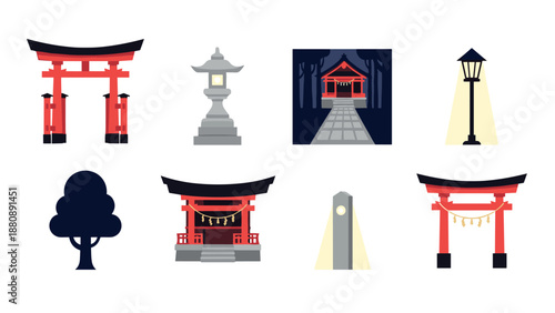 Traditional japanese shrine elements: torii gates, lanterns, and path in minimalist design