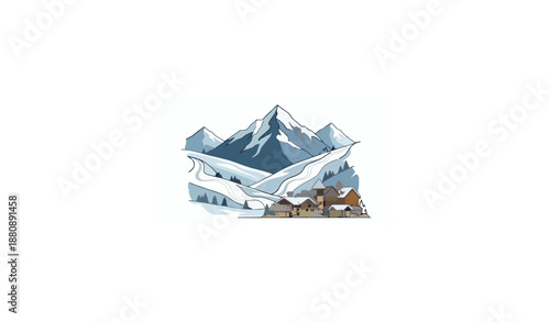 Cartoon ski resort landscape with snowy mountains and chalets vector