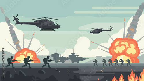 Military operation scene with explosions and helicopters in flat design
