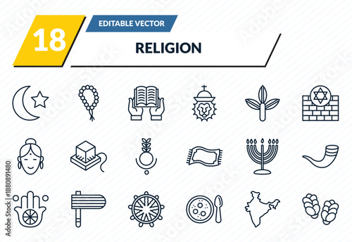 religion icons set - crescent moon and star, muslim tasbih, reading quran, india, challah outline vector collection.