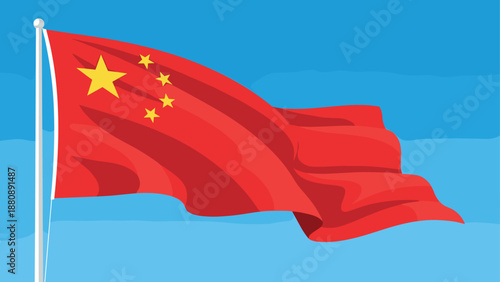Waving chinese flag against blue sky with five yellow stars in minimalist design