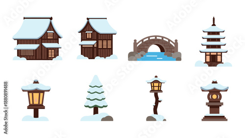 Traditional japanese architecture set featuring houses, bridges, and lanterns