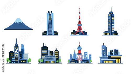 Iconic tokyo skyline landmarks in modern flat design
