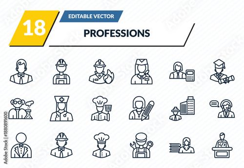 professions icons set - office worker, builder, firefighter, librarian, software developer outline vector collection.