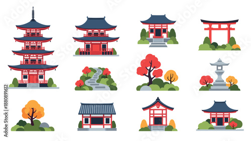 Traditional japanese architecture and gardens in flat style