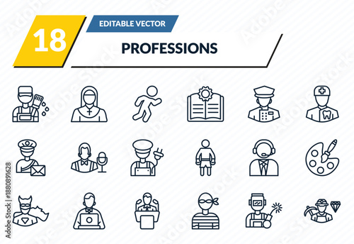 professions icons set - painter, nun, athlete, welder, miner outline vector collection.