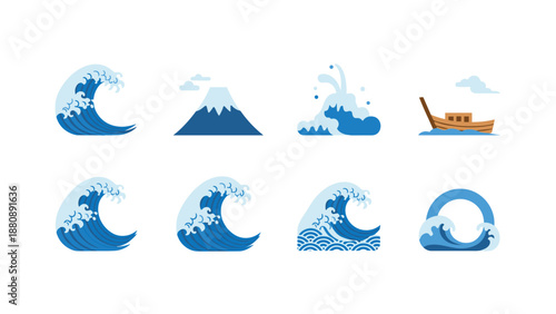 Japanese wave icons: traditional ocean and boat elements in flat design