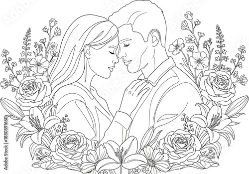 Intimate black and white line art coloring page featuring a couple embracing tenderly surrounded by a vibrant bouquet of intricate floral elements