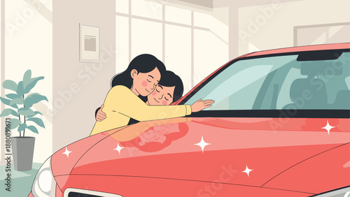 Happy family embracing new car in showroom setting with warm smiles