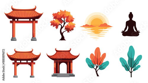 Traditional asian architecture and nature elements in flat design